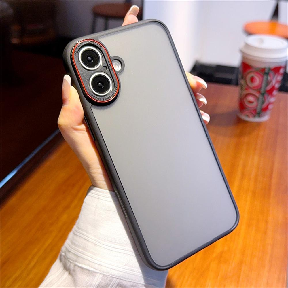 

For iPhone 16 Case Red Lens Ring Shockproof TPU+PC Translucent Phone Cover As Shown A