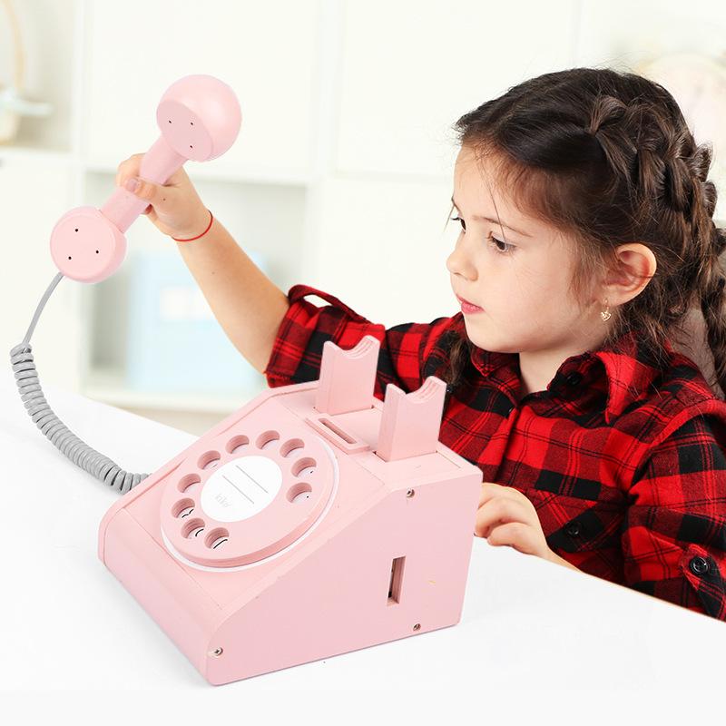Wood Simulation Antique Turntable Phone, Children'S Play House Interactive Creative Landline Piggy Bank Phone Toy