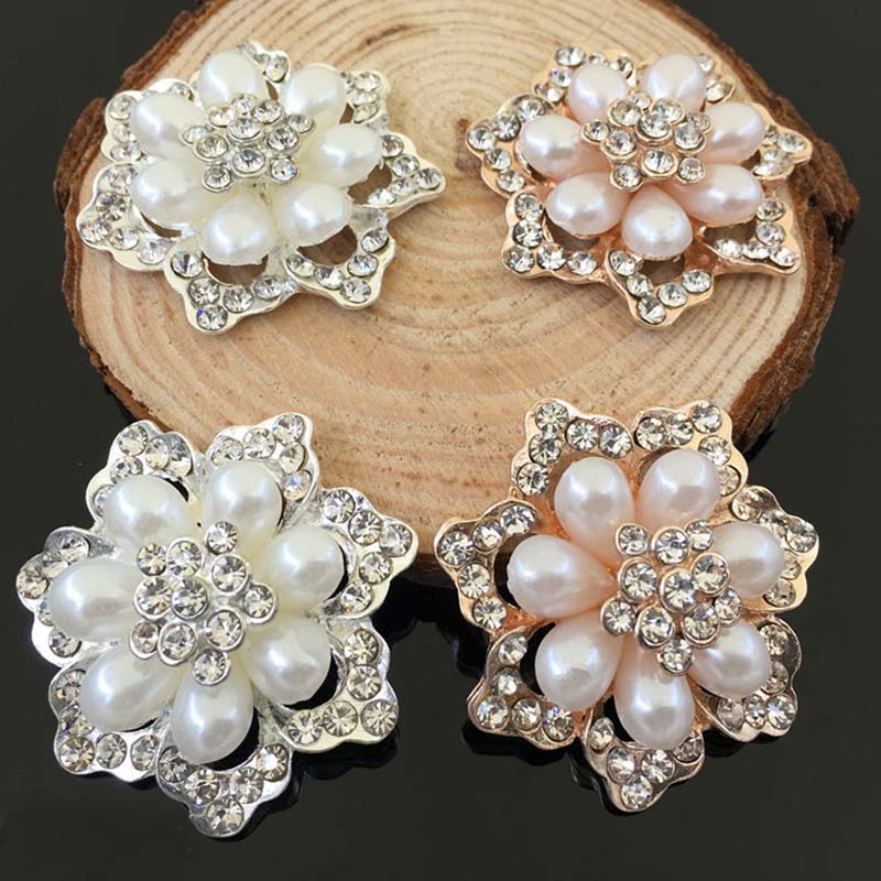 Engood 30Pcs Big Hollow Peony Pearl Rhinestone Button Sewing Trim & Embellishments Craft Buckles for DIY Hair Accessories Shoes
