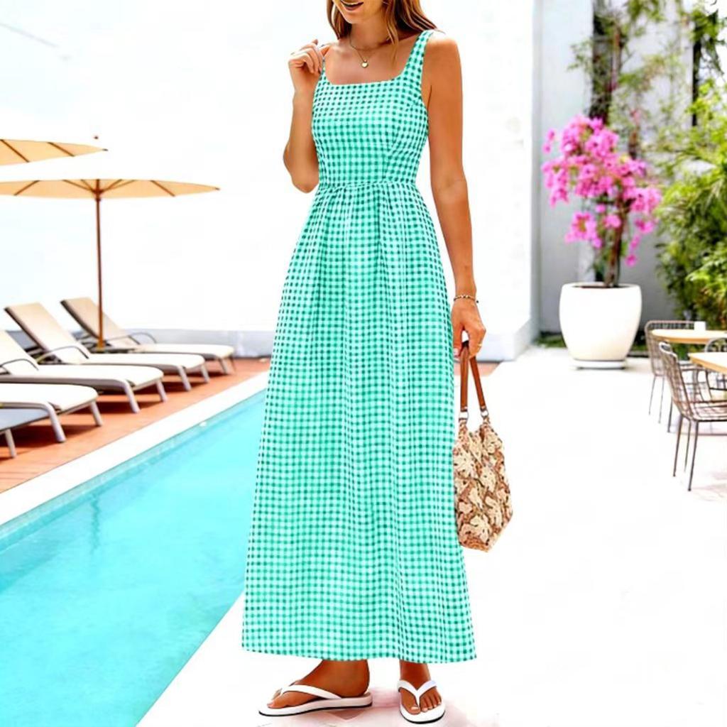Women Casual Loose Fit Sleeveless Dress Square Neck A-Line Long Maxi Dress with Checkered Pattern Summer Sundress