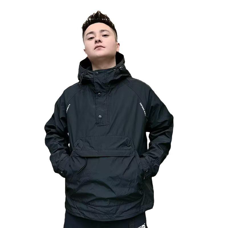 Men's Autumn Hooded Workwear Jacket with Zipper and Large Pocket - Casual, Loose, Trendy, Velvet-Lined