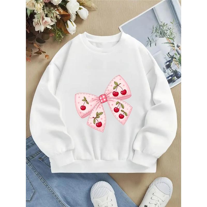 European sizes Crewneck Sweatshirt for Kids Featuring a Cherry Design with a Pink Bow And Polka Dots. Perfect for Sports And Casual Outings