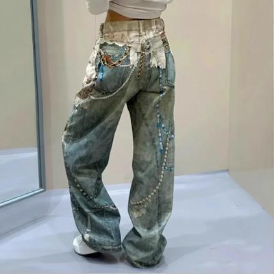 VIONA Modieuze Niche 3D Geprinte Kant Parelketting Denim Broek Voor Dames Hoge Taille Rechte Pijp Jeans Vrouwelijke Trendy