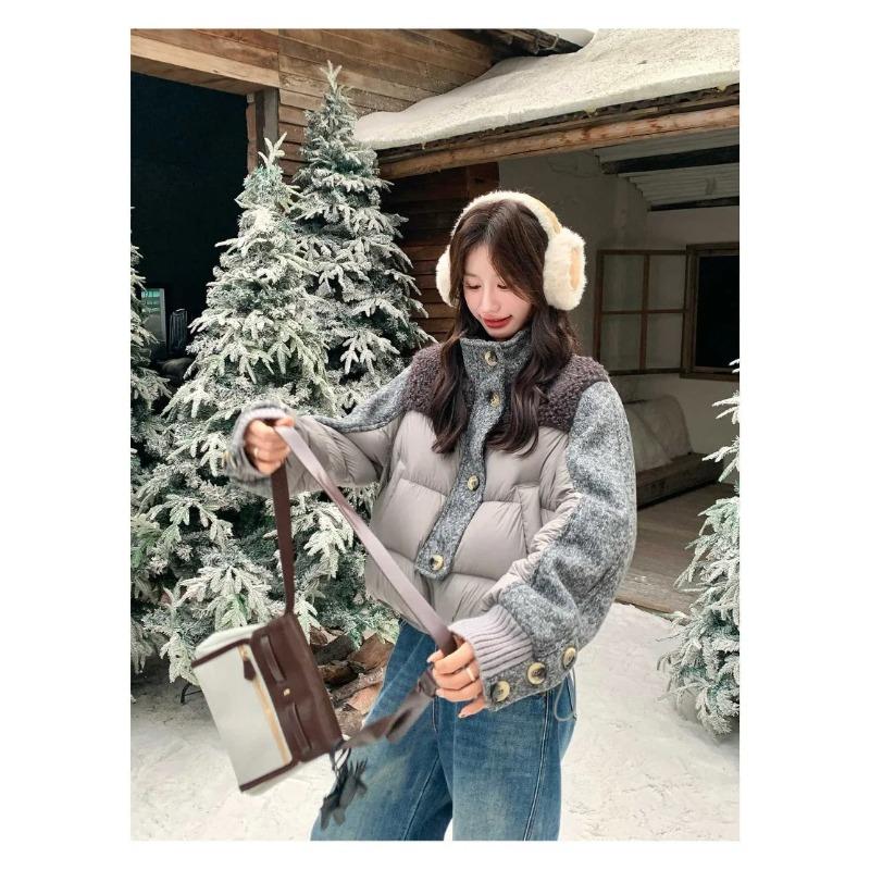 Fashion Woolen Spliced Down Padded Jacket Women's Winter Short Coat Loose Parkas Thicken Warm Stand-collar Outerwear