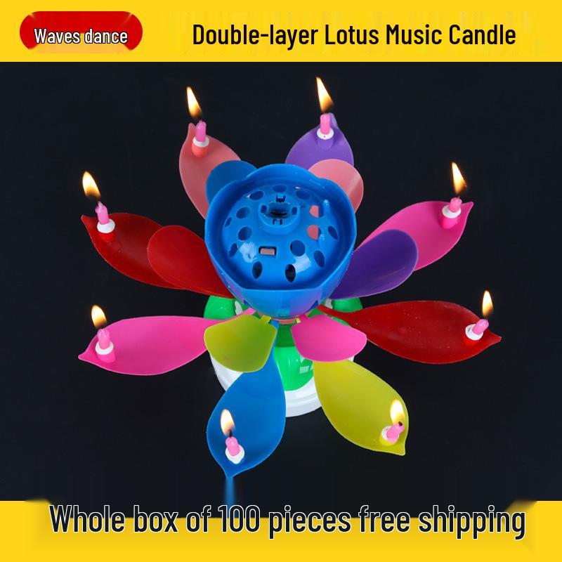 Dual-Layer Rotating Lotus Birthday Music Candle for Cakes