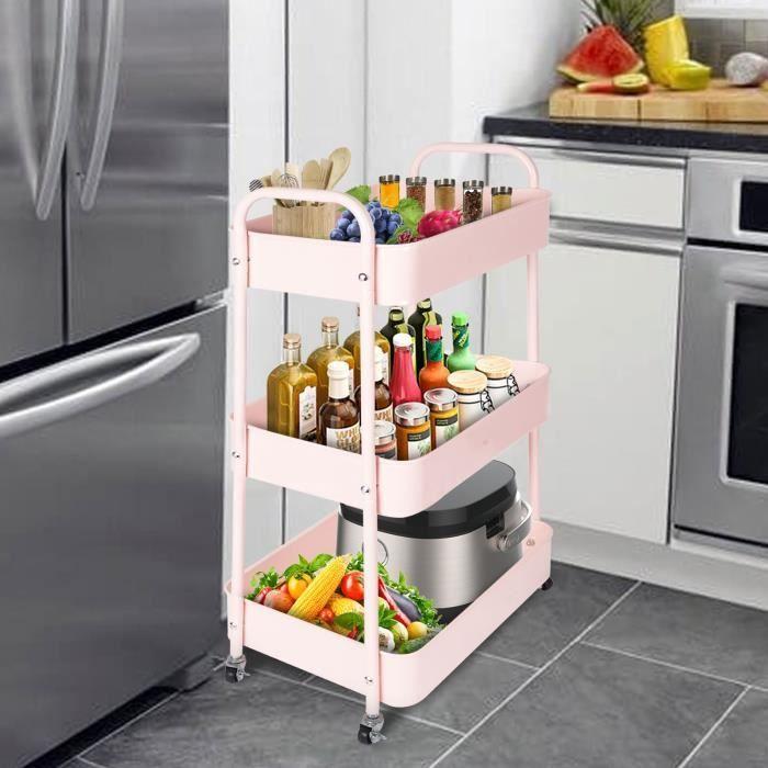 Chariot de rangement 3 niveaux rose, à roulettes et poignées, 41 × 30,5 × 76 cm — Cuisine / Buanderie
