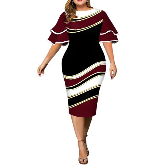 Lady Petticoats Plus Size Women Bodycon Dress Geometric Print Layered Bell Sleeve Autumn Round Neck Slim Midi Dress for Wedding