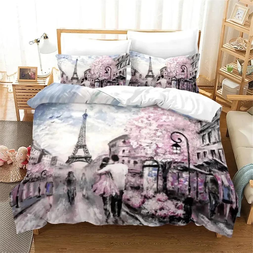 Top Eiffel Tower Bedding Set Boys Girls Twin Queen Size Duvet Cover Pillowcase Bed Kids Adult Fashion Home Textileextile