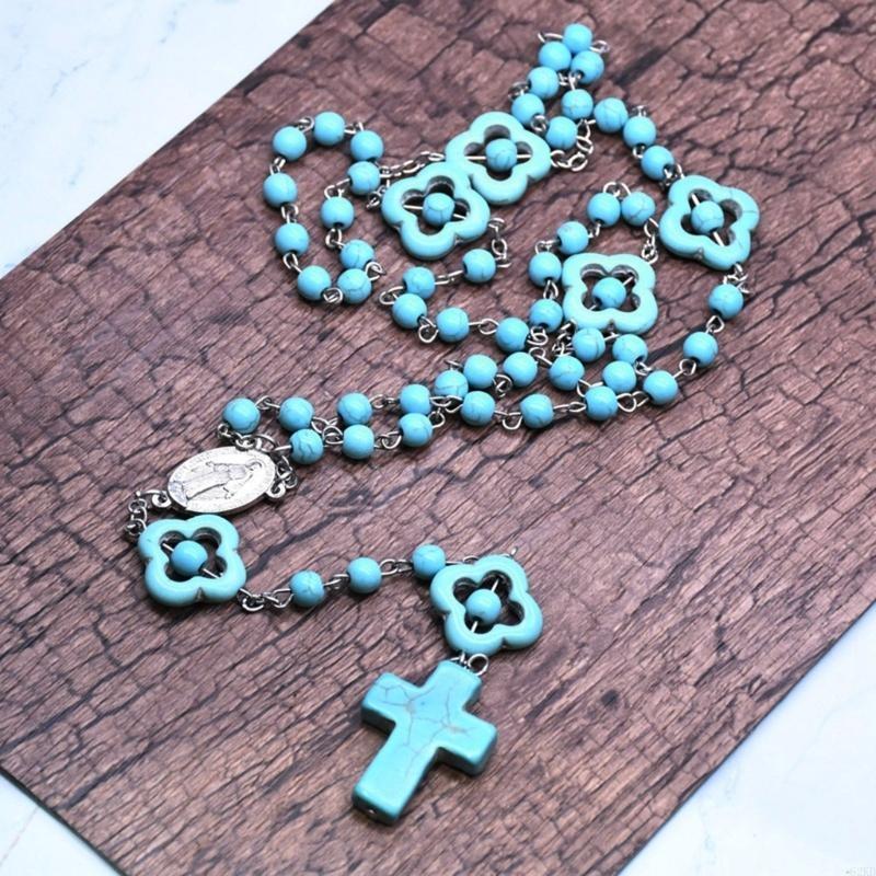 62KD Catholic Turquoise Rosary Necklace Mary Charm Round Bead for Cross Necklaces Religious Praying Fashion Jewelry