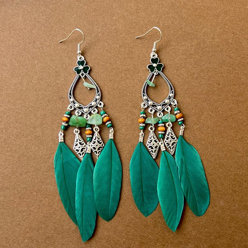 Green Natural Water Drop Feather Earrings for Women Vintage Boho Long Rhinestone Crystal Dangle Earring Vacation Jewelry