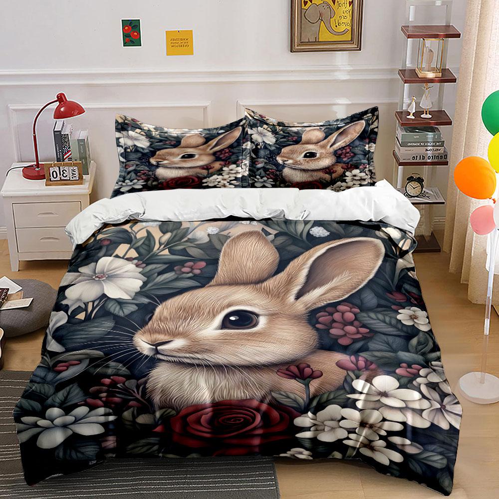 Retro Gentle Bunny In Blooming Flowers Duvet Cover Set With 3D Printing Design Soft Polyester Bedding Set All-Season Comfort