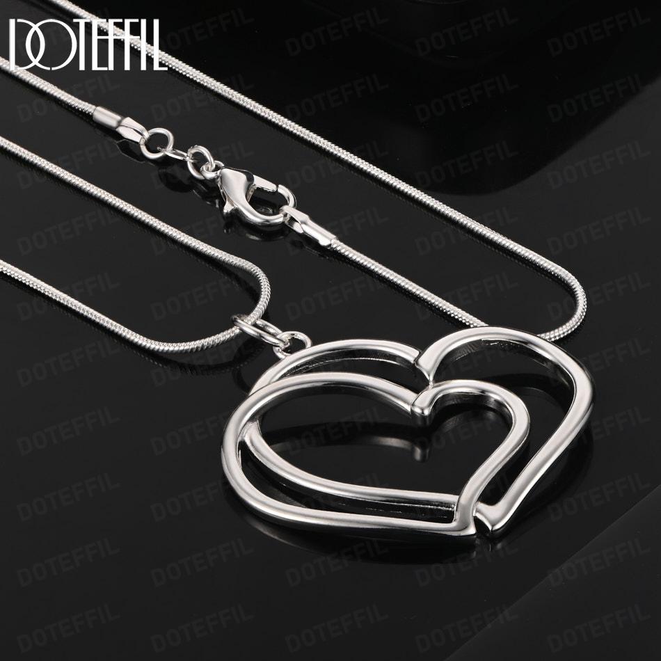 925 Sterling Silver Wedding Jewelry 18-inch Double Heart Pendant Necklace 45cm