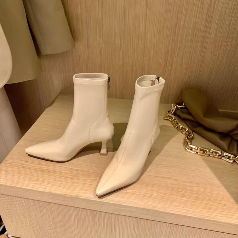 Fashion 2024 Women Ankle Boots Genuine Leather Office Lady Shoes Woman Pointed Toe Thin High Heels Autumn Stretch Size 35-39