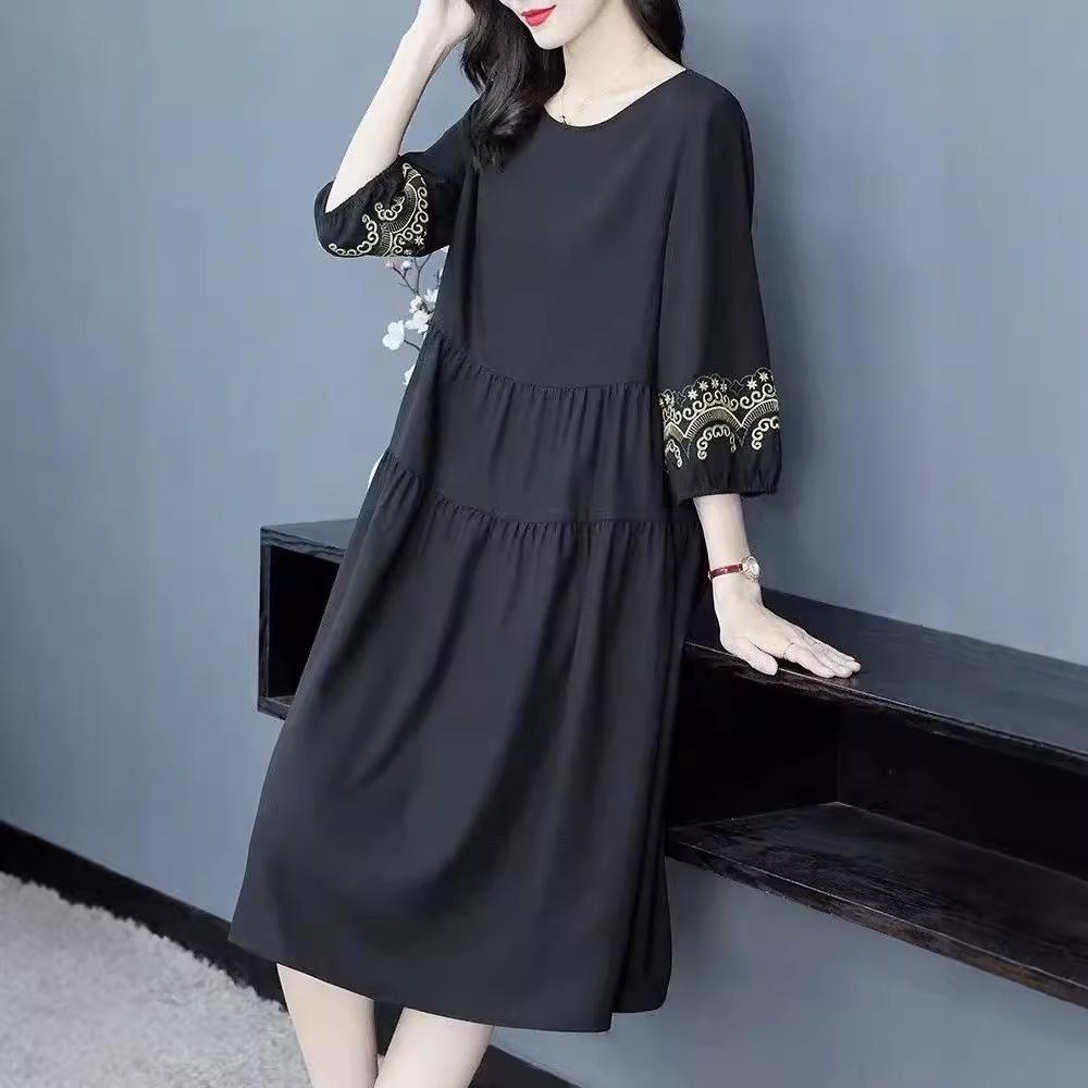 Vestido de Verano Étnico Bordado de Cuello Redondo - Costuras Retro Ajuste Holgado Slim para Tallas Grandes