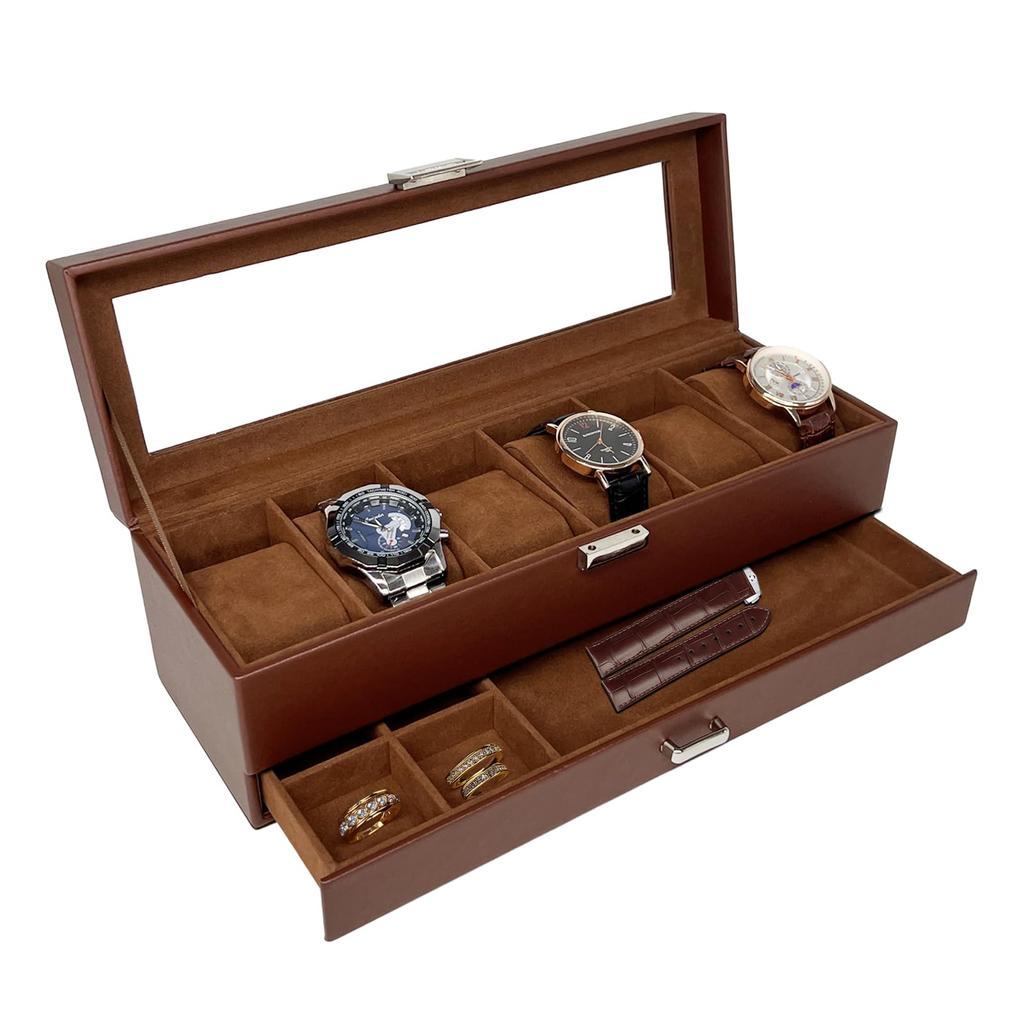 Mocamoro Watch Holds 6 Watch Luxury Watch Collection for Clear Glass Gift Case, Watches, Two-Tier Box, Men, Top, Display,