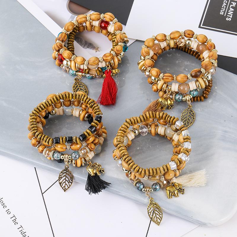 Wooden Tassel Bracelet For Men and Women 4PCS Retro Alloy Elephant Leaf Crystal Bracelet