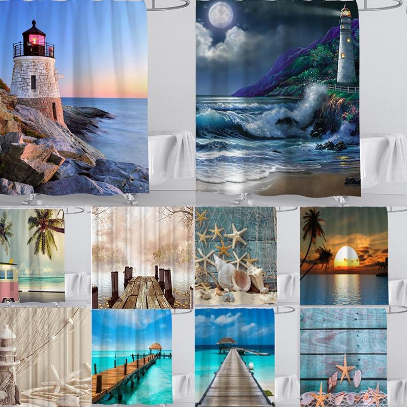 Lakeside Wharf Sea Bridge Blue Conch Starfish 3d Printing Digital Shower Curtain With Hooks