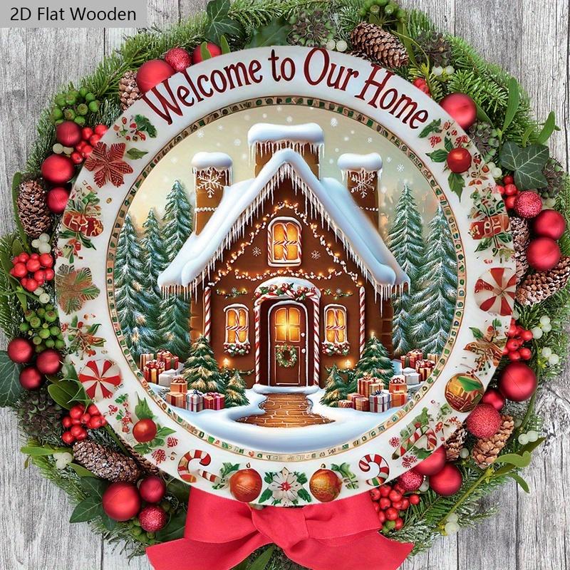 Christmas Wooden Welcome Sign with House Pattern - Navidad Round Sign for Front Door, Wall Hanging Decor - Ideal Christmas Decoration