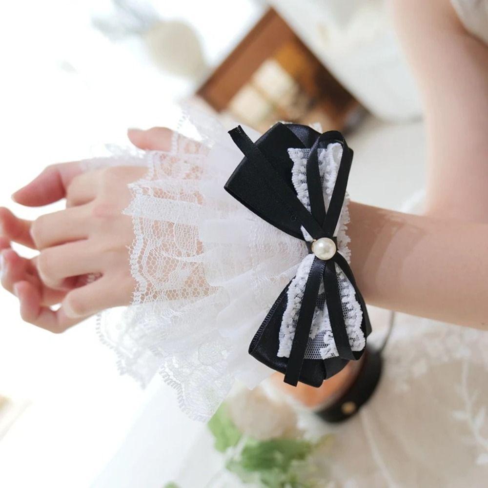 Sweet White Lace Cuff Pearl Bow Detachable Fake Flared Sleeves False Sleeve Cuffs Cosplay Ornament