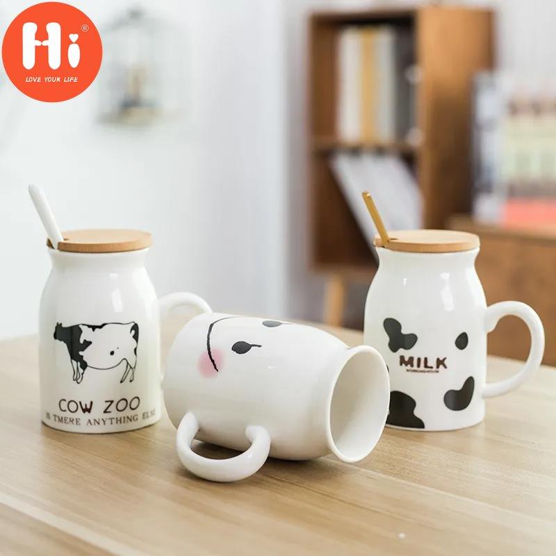 Hi Ceramic Children's Cup Breakfast Milk Tea Cup Female Student Drinking Water Home Mug with Spoon with Lid