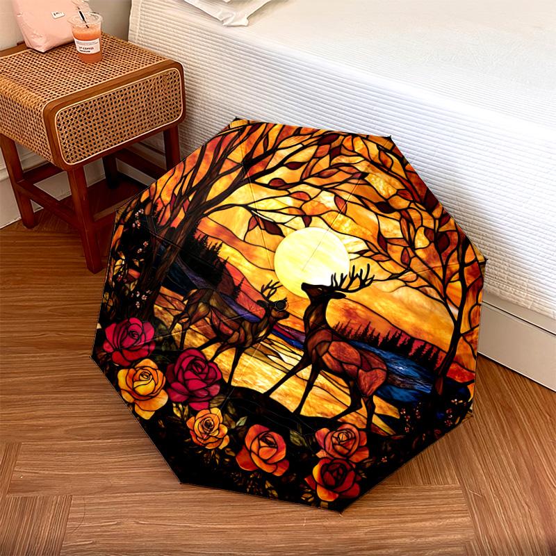 1 PC Automatic Folding Umbrella - Deer Sunset Pattern, Portable & Foldable Design with 8 Ribs, Christmas Birthday Gifts