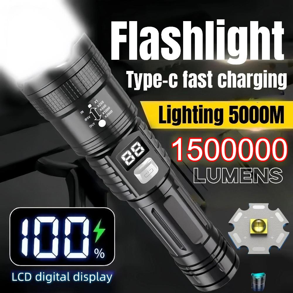 High Power Flashlight Zoomable Digital Display Outdoor Long Range Type C Rechargeable 3 Modes for Camping Hiking Emergency