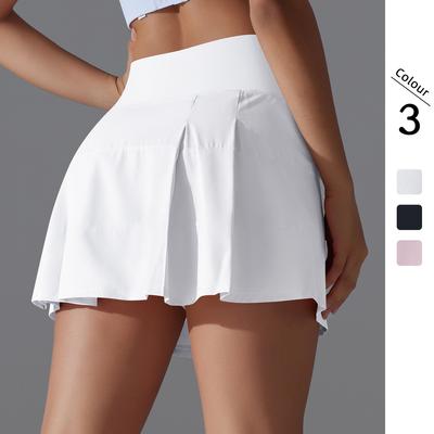 Solid Color Double Sided Nylon Tight Height Waist Fake Two Tennis Sports Skirt Running Fitness Yoga Shorts Women