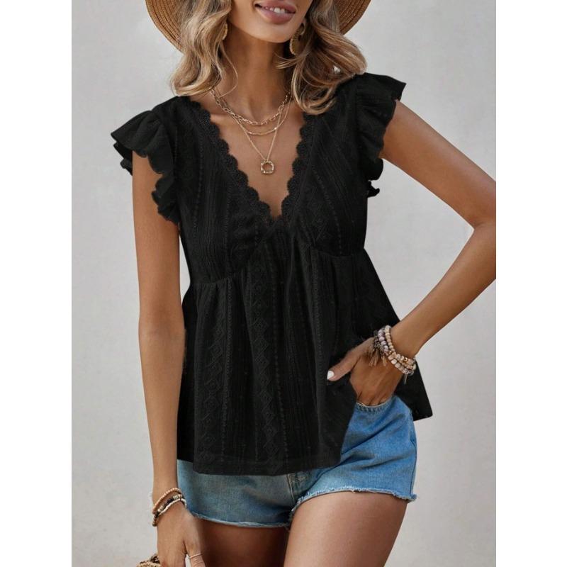 Damskie Nowe Modne Topy Wiosenno-Letnie z Wycięciem V i Falbankami, Krótki Rękaw