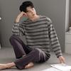 Pyjama Herren Frühling und Herbst Baumwolle Langarm Gestreift Hausanzug Herbst Herren Rundhals Große Größe Zweiteiliges Set