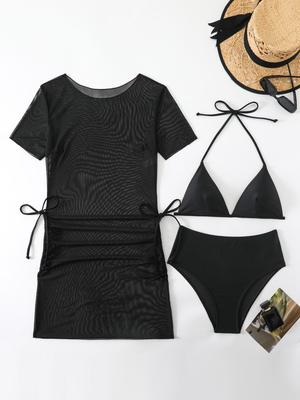 2025 Europäischer & Amerikanischer Bikini Dreiteiler: Einfarbig, Sexy Überwurf, Schlankmachende Bademode für Damen