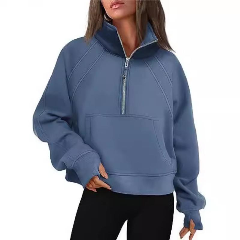 

2026 New Women s Half-Zip Stand Collar Fleece Sweatshirt, Cropped Plush Pullover with Raglan Sleeves for Autumn Winter XXL море синього кольору