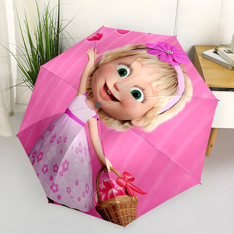 1 pièce Parapluie Pliant Automatique Masha et l'Ours, Conception Pliable Portable, Accessoire Extérieur Décontracté L1127109