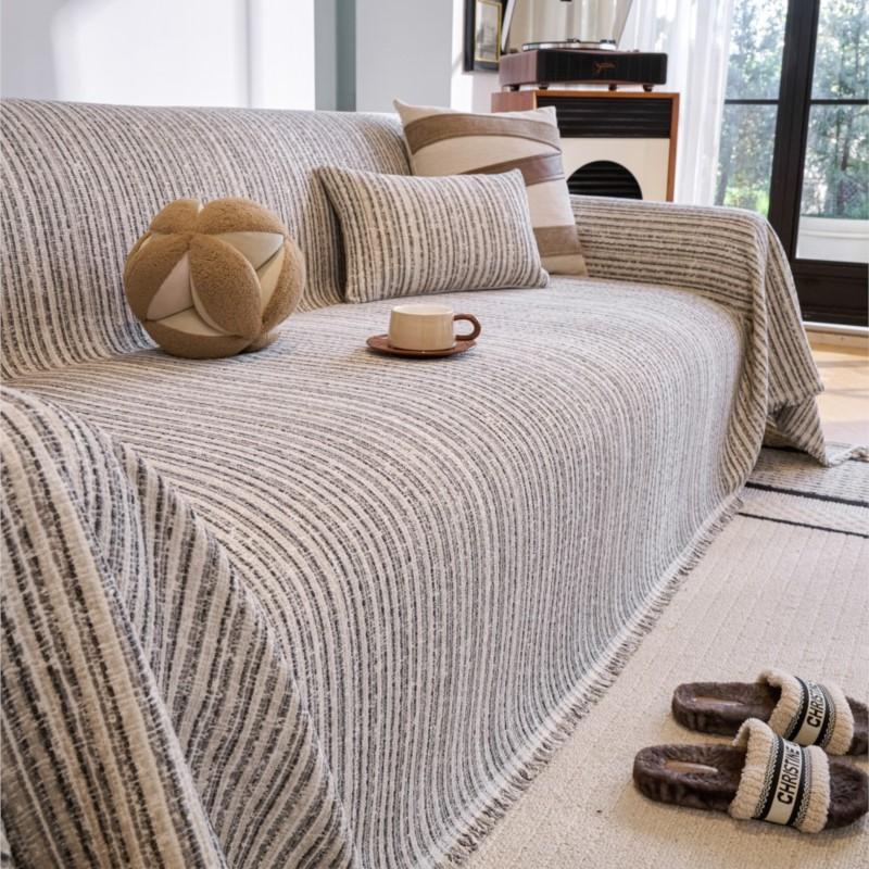 All-Season Universal Non-Slip Fit Soft Chenille Striola Couch Cover Cushion Protector One-Piece Full Coverage Sofa Throw Cover