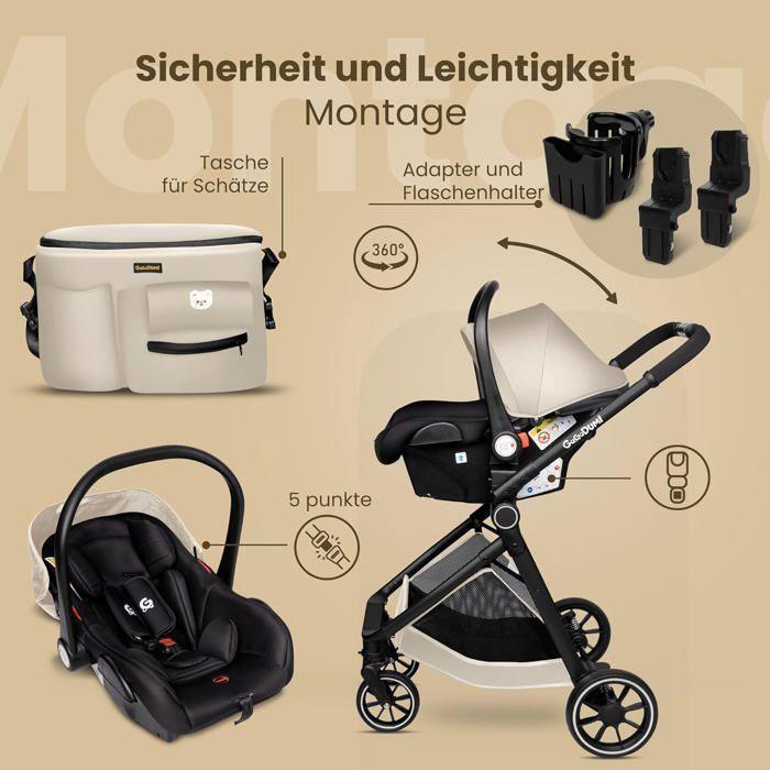 BAZARLAND30. Kombinovaný kočárek 3 v 1autosedačka, hluboká korbička, ultralehký (Cca. 7 kg), pláštěnka, moskytiéra. béžová/černá