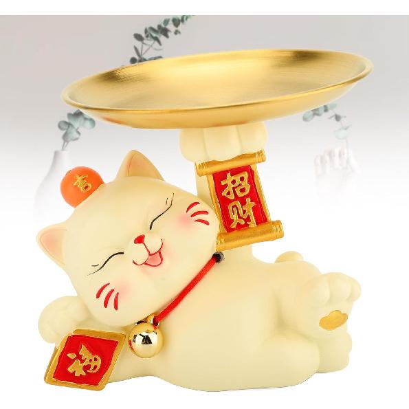 Resin Cat Decorative Tray Figurines, Panda Statue Lucky Cat Dancing Funny Cat Statue for Home, Bedroom, Office Entrance Table Decor and Gadgets