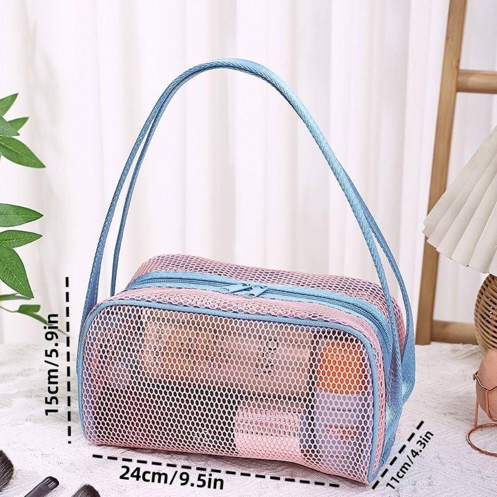 New with Handle Travel Makeup Bag Large Capacity Mesh Cosmetic Bag Polyester Lightweight Storage Bag