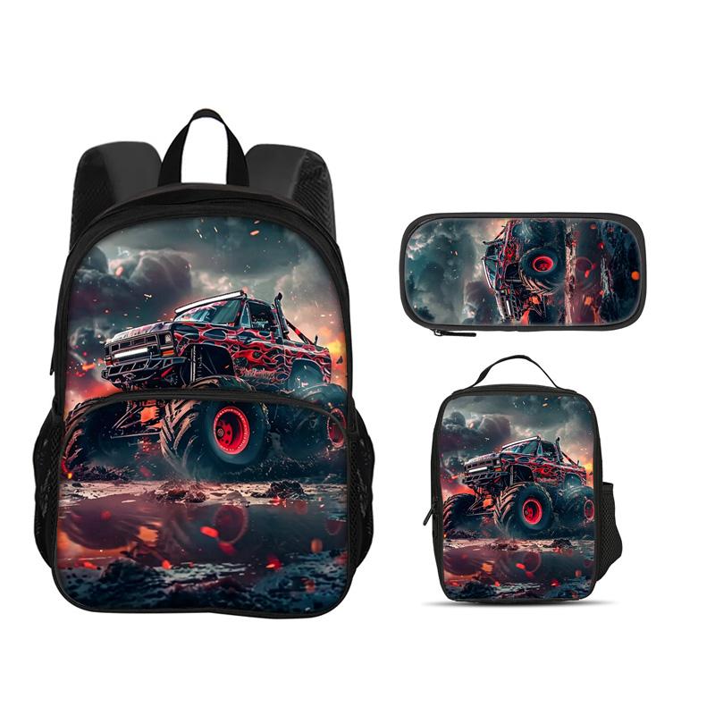 Monster Jam Round Front Bag Backpack Pen Bag Ice Bag 3Pcs Set Cartoon Print Student's Best Campus Companion Birthday Gift