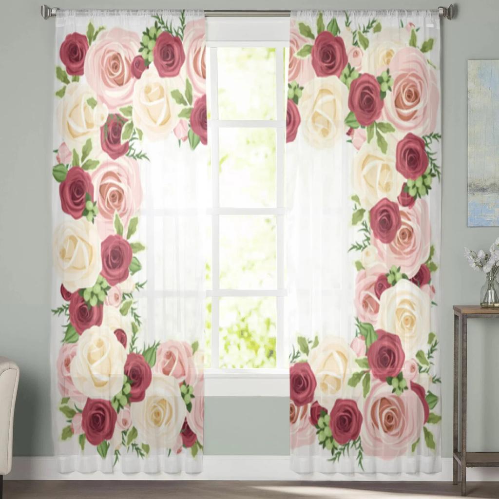 Red Pink And White Roses Tulle Sheer Window Curtains For Living Room The Bedroom Modern Chiffon Voile Curtains Fabric Drapes