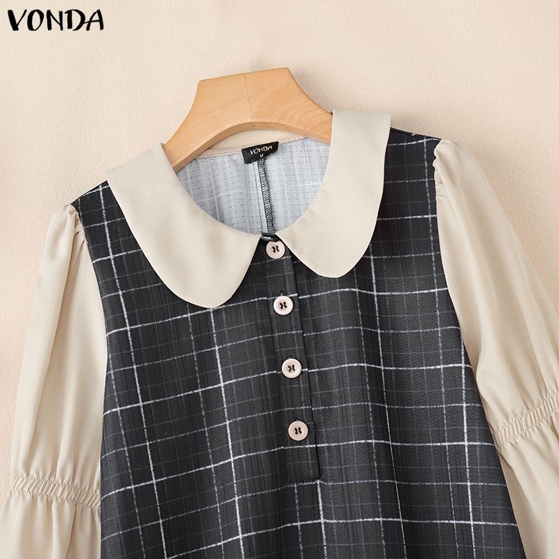 VONDA Women Lapel Neck Casual Long Sleeve Retro Plaid Patchwork Ruffled Shirts Dress