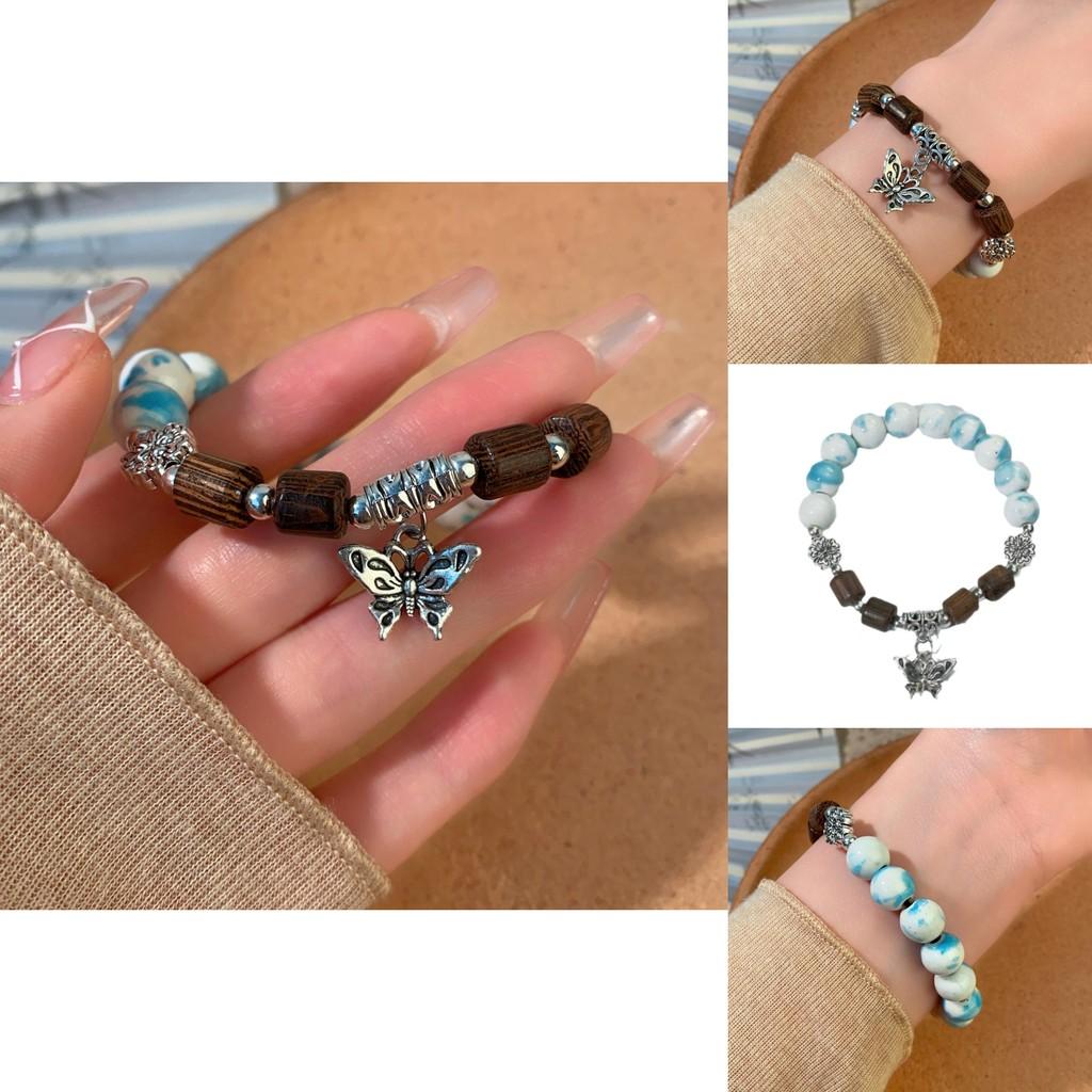 Vintage-inspired Ceramic Butterfly Beaded Bracelet Elegant Handmade Women's Wrist Accessory