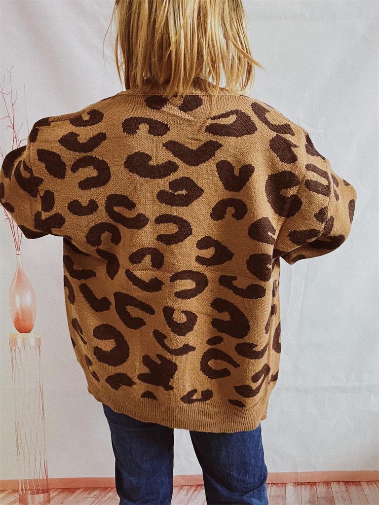 Autumn and Winter New Loose Casual Leopard Print Single Breasted Long Sleeved V-neck Knitted Sweater Jacket 3539 KTB