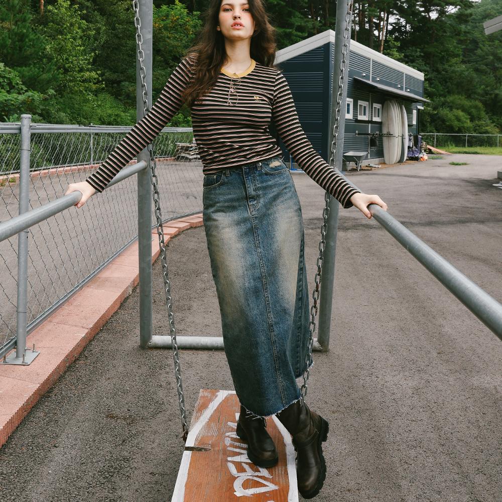 NAKED SURF CLUB Lettering Denim Long Skirt (Indigo Blue)
