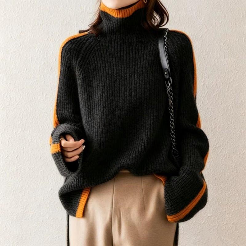 Women's Retro High-Neck Color-Block Knit Sweater - Thickened for Autumn/Winter, Loose Fit, Japanese Style