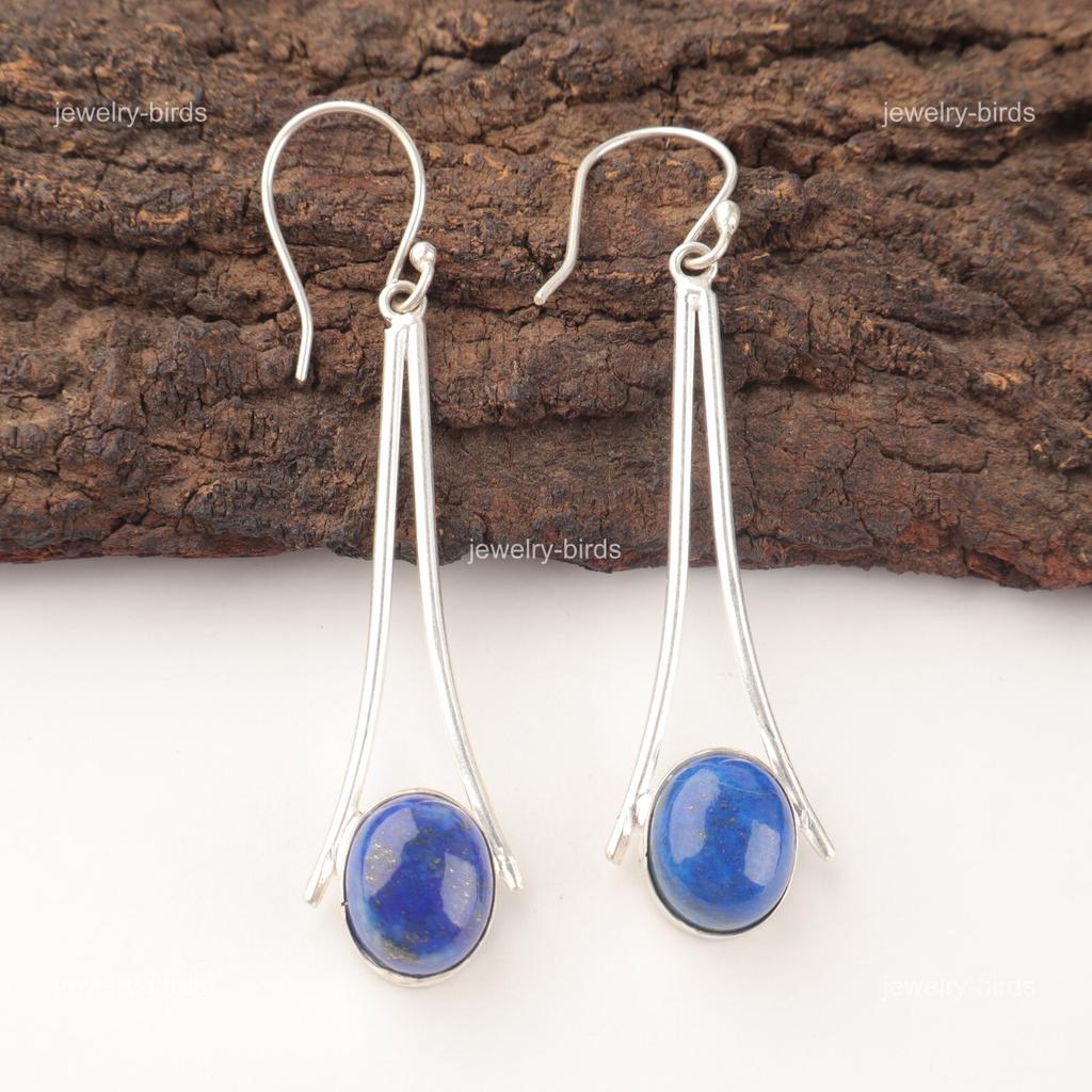 Oval Natural Lapis Lazuli Sterling Silver Artisan Dangle Daughter Gift Earrings EE-136-24