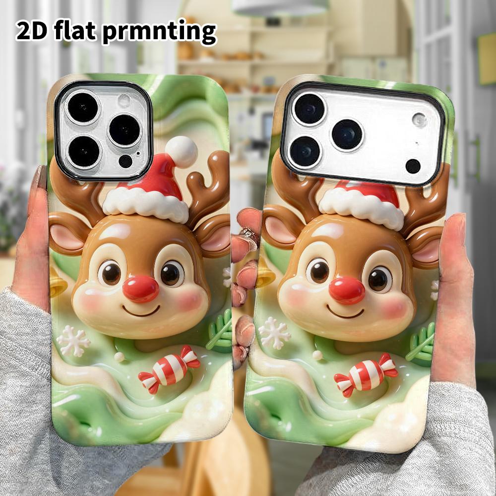 Phone case: 2D flat design suitable for iPhone 18 17 16 15 14 13 Pro protective case, red-nosed little reindeer, perfect Christmas and Halloween holid