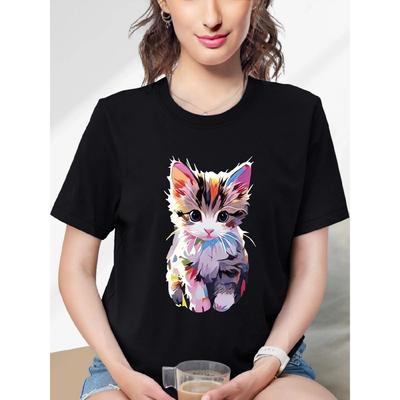 Cat Print Crew Neck T-shirt, Short Sleeve Casual Top For Summer & Spring, Women's Clothing Women T Shirt