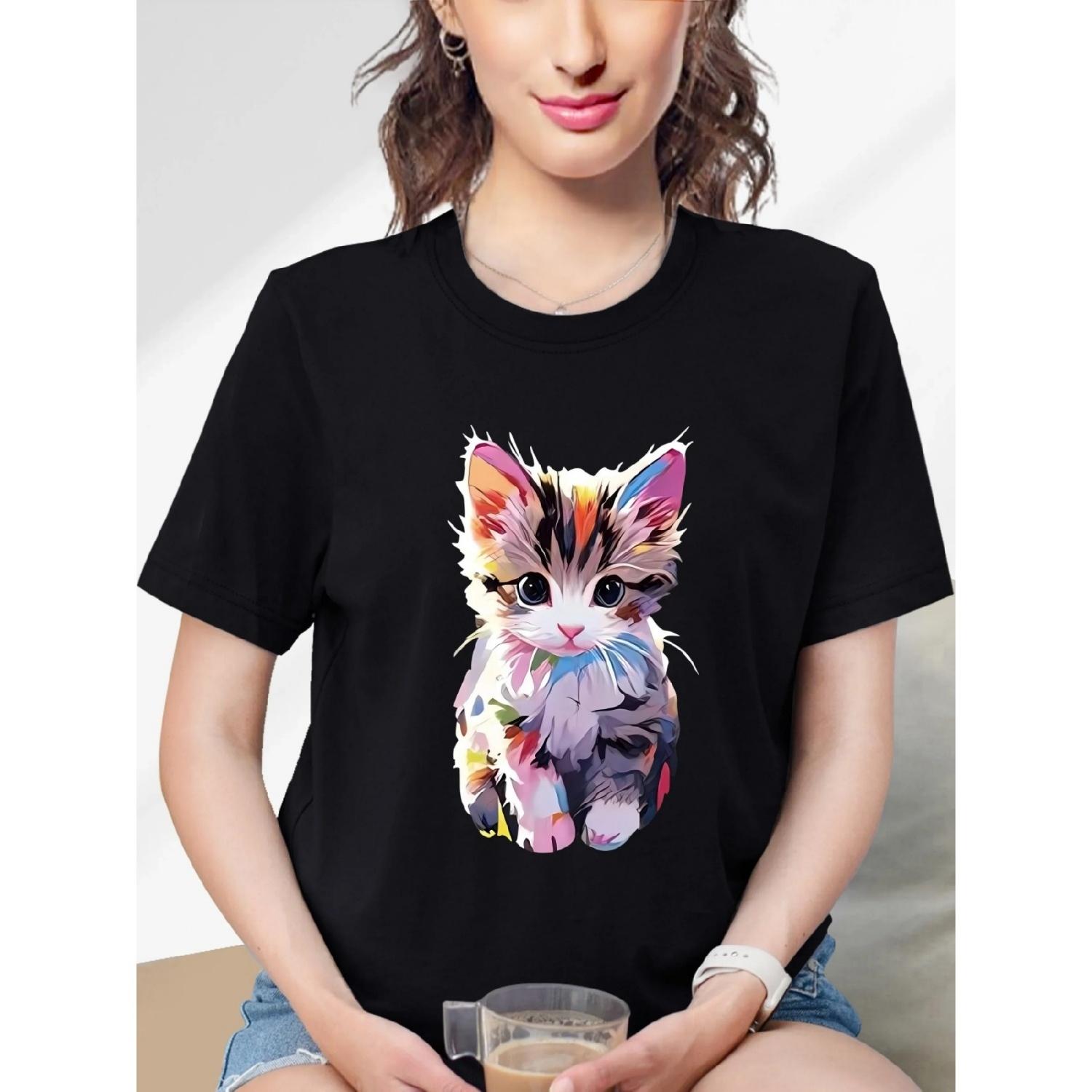 

Cat Print Crew Neck T-shirt, Short Sleeve Casual Top For Summer & Spring, Women s Clothing women t shirt XXXXXL різнокольоровий