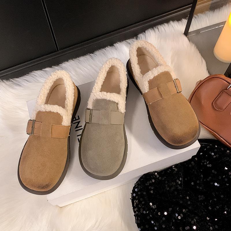 New spot Boken shoes with fleece round head 2025 autumn and winter one-pedal fluffy shoes leather bag head retro Boken single