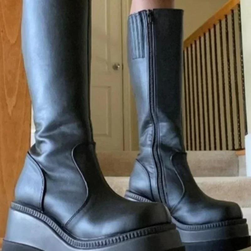 Mode 2024 Neue Mode Plateau Damen Kampf Winterabsätze Qualität Lang Oberschenkelhoch Reißverschluss Kniehoch Stiefel Botas Mujer Plateauschuhe