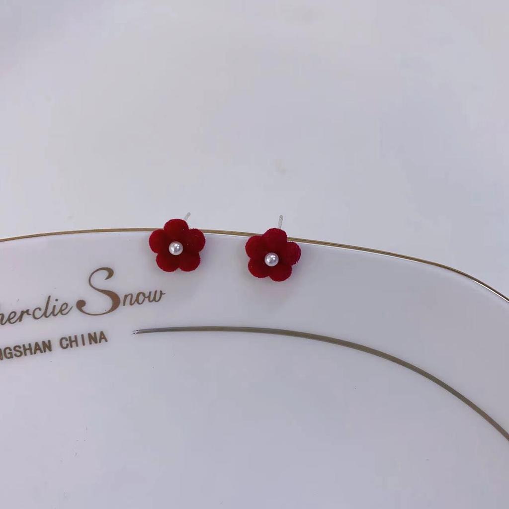 S925 Silberstift Herbst/Winter Weinrote Beflockte Perlen Ohrstecker mit Zinnoberroten Blumen - Französischer Retro Weihnachts-Stil.
